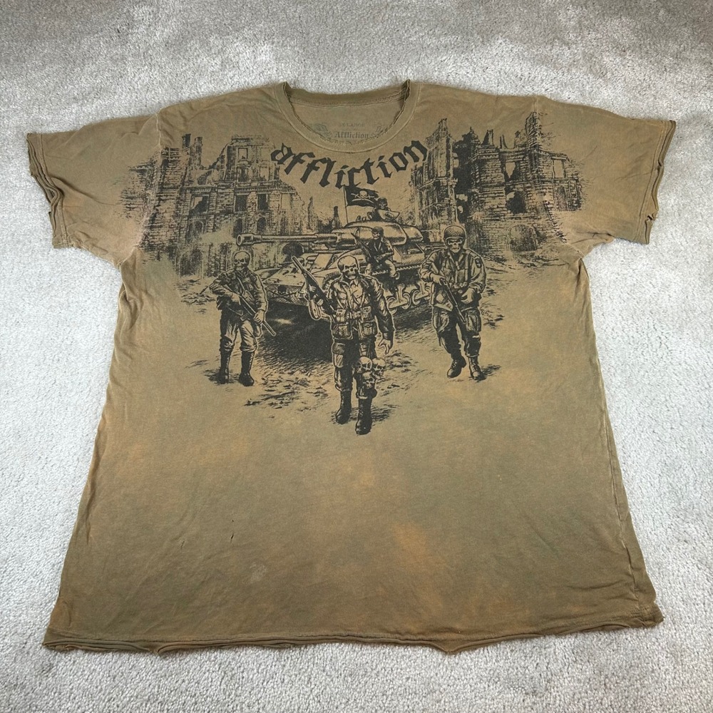VTG Affliction Graphic T-Shirt Mens 2XL Brown Military Skull Tank Distressed Tee
